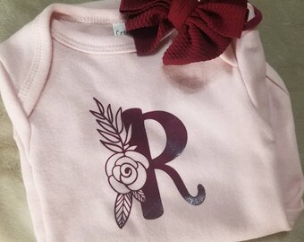 Pink Baby Girl Onesie with Flower Initial