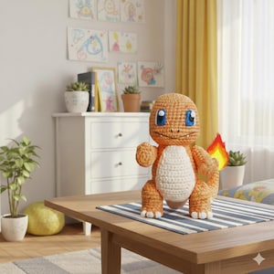 Padrão de crochê Charmander em PDF | Amigurumi de Lagarto de Fogo de Pelúcia | Tutorial Fácil de Crochê para Brinquedo | Download Digital