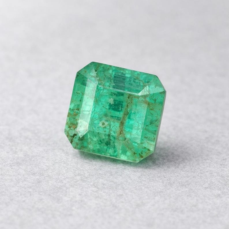 May include: A faceted emerald gemstone with a rectangular shape. The gem is a vibrant green color with visible inclusions and a polished surface. The emerald is set against a neutral background.