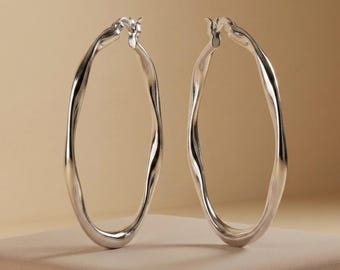 Pendientes de aro llamativos de plata de ley, aros ovalados ondulados orgánicos, regalo para ella.