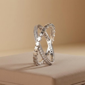 Dainty Star Ring Sterling Silver Celestial CZ Crossover Stacking Ring Gift for Her