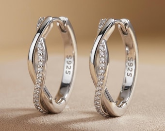 Sterling Silver Infinity Hoop Earrings, Twisted CZ Huggie Hoops Gift for Her