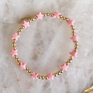 3mm 14k Gold Filled Round Beaded Bracelet with Mini Pink Star Beads | Ball Beaded Bracelet | Summer Jewelry | Handmade Jewelry