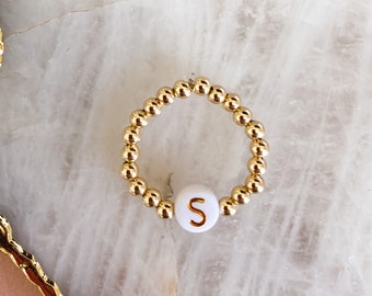 3mm 14k Gold Filled Beaded Ring with Initial Bead | Alphabet Bead | Personalized Rings | Gold Alphabet Ring | Custom Stretchy Initial Ring