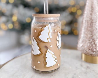 White Christmas Trees Glass Can | Iced Coffee Cup | Soda Glass | Holiday Cup