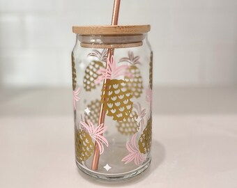 Pink and Gold Pineapple Glass Can | Iced Coffee Cup | Soda Glass | Palm Beach | Summer Vibes