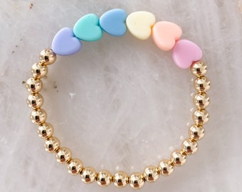 5mm 14k Gold Filled Gold Beaded Bracelet with Colorful Rainbow Heart Beads | Summer Jewelry