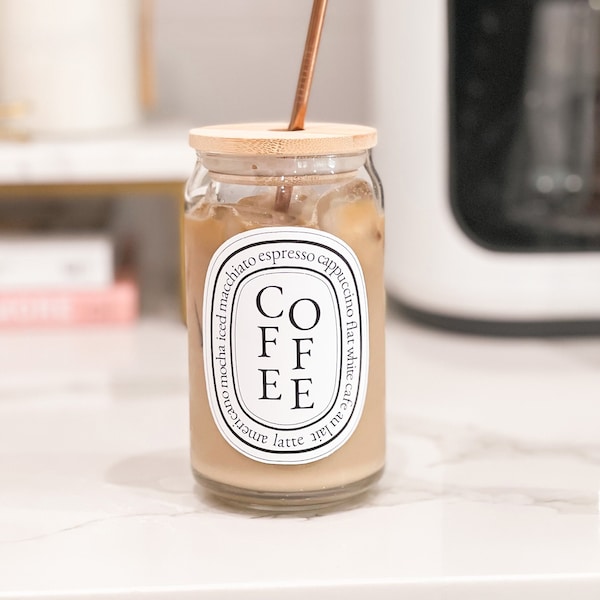 Coffee Design Label Glass Can | Iced Coffee Cup | Beer Glass | Espresso | Mocha | Latte Soda Glass