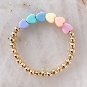 5mm 14k Gold Filled Gold Beaded Bracelet with Colorful Rainbow Heart Beads | Summer Jewelry