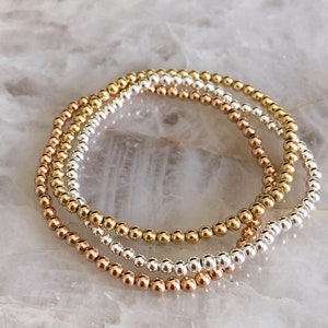 3mm 14k Gold Filled Beaded Bracelet Sterling Silver Beaded Bracelet Rose Gold Beaded Bracelet Gold Ball Beaded Bracelets Mixed Metal image 2