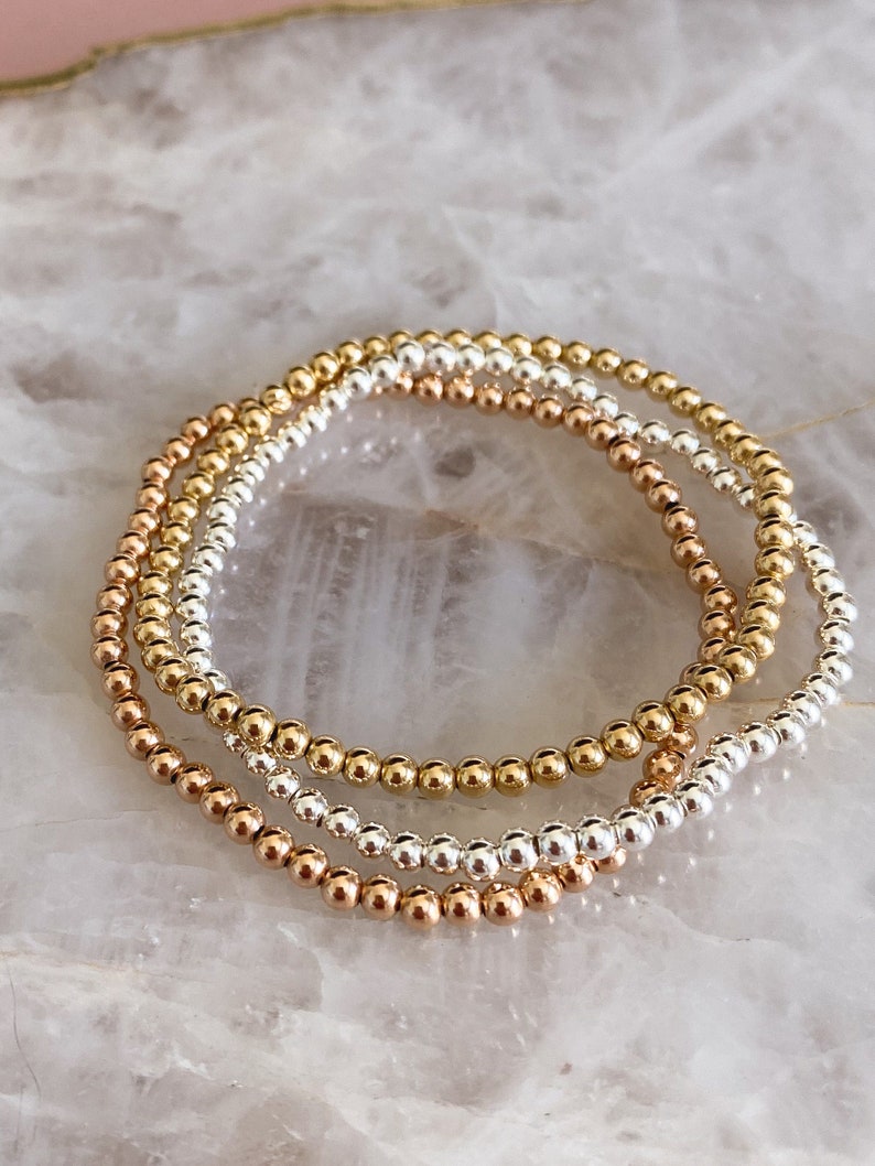 3mm 14k Gold Filled Beaded Bracelet Sterling Silver Beaded Bracelet Rose Gold Beaded Bracelet Gold Ball Beaded Bracelets Mixed Metal image 2