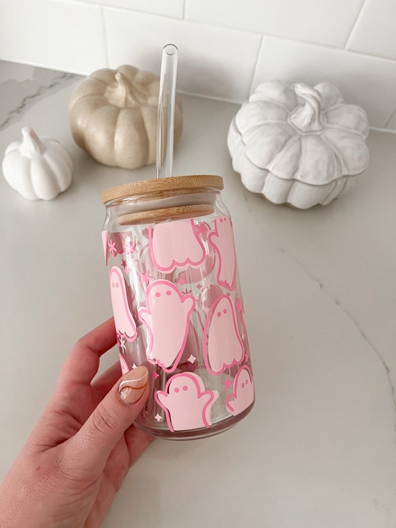 Pink Ghost Halloween Glass Iced Coffee Cup With Bamboo Lid & Glass