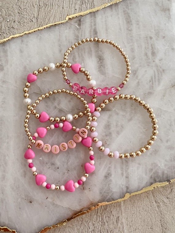 4mm 14k Gold Filled Personalized Beaded Bracelet Pink Acrylic Alphabet Beads Gold Ball Bead Bracelet Etsy