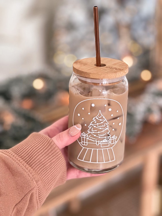 Snow Globe Glass Can Iced Coffee Cup Soda Glass Holiday Cup 