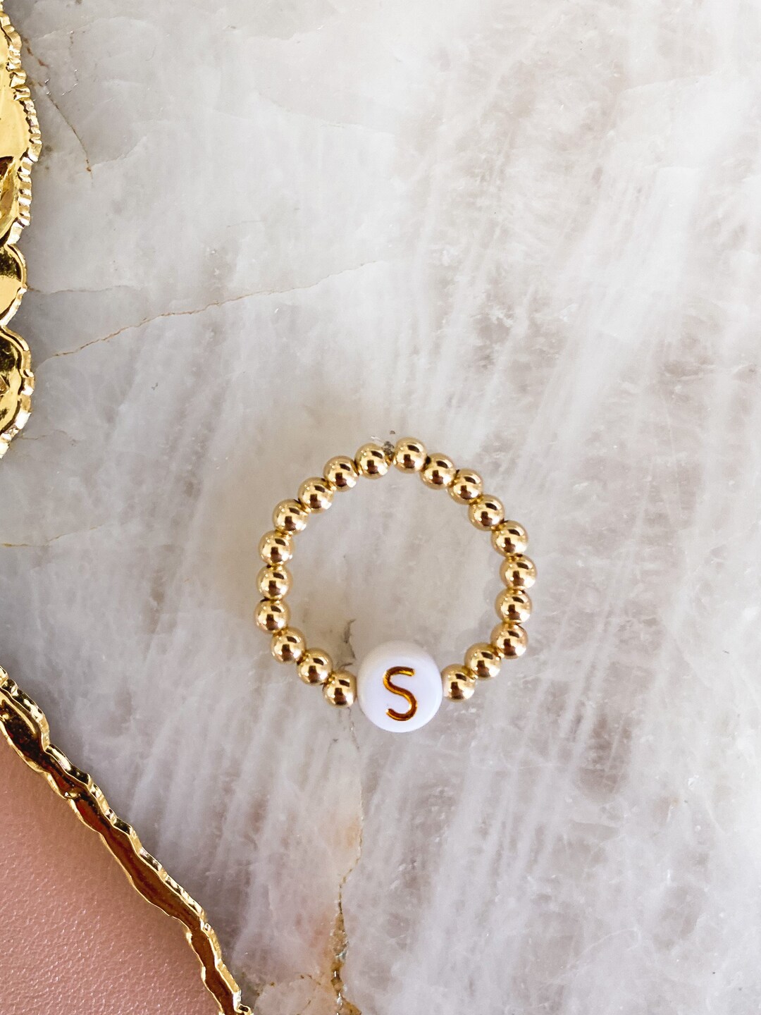 3mm 14k Gold Filled Beaded Ring With Initial Bead | Alphabet Bead ...