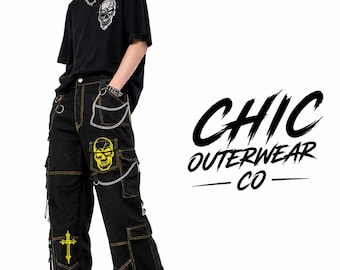 Lussuosi pantaloni cargo gotici neri con catene, stile streetwear
