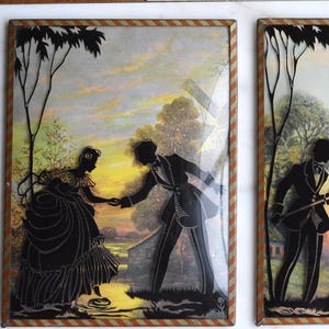Vintage Pair of Reverse-Painted Glass Silhouettes - 6x8 Victorian Courting Scenes - Windmill Sunset & Water Pump - Striped Metal Frames