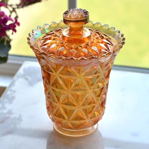Antique Imperial Glass Diamond & Sunburst Fairy Lamp Shade - Marigold Carnival Glass Candle Cover and Lid - Bottomless Hurricane Shade