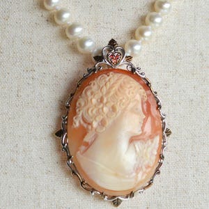 Vintage Signed Italian Shell Cameo Pendant, Sterling Silver Filigree, Cultured Pearls, Ruby Accents