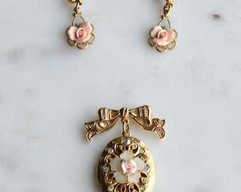 1928 Jewelry Co. Locket Brooch and Vintage Rose Earrings Set, Victorian Revival Aurora Borealis