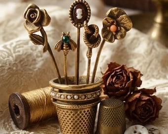 Vintage Goldette Style Thimble Bouquet Brooch Multi Stickpin Cameo Bee Snake Flower