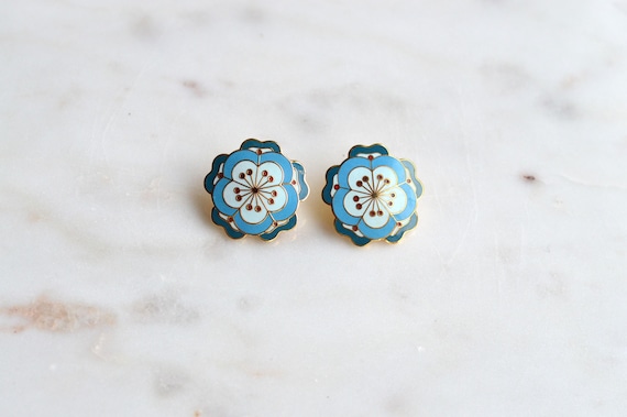 Vintage MMA Enamel Flower Earrings, 24k Gold Plated, Chinese Textile Reproduction