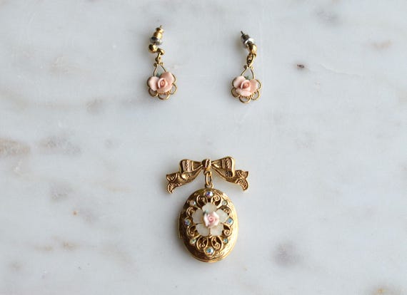 1928 Jewelry Co. Locket Brooch and Vintage Rose Earrings Set, Victorian Revival Aurora Borealis