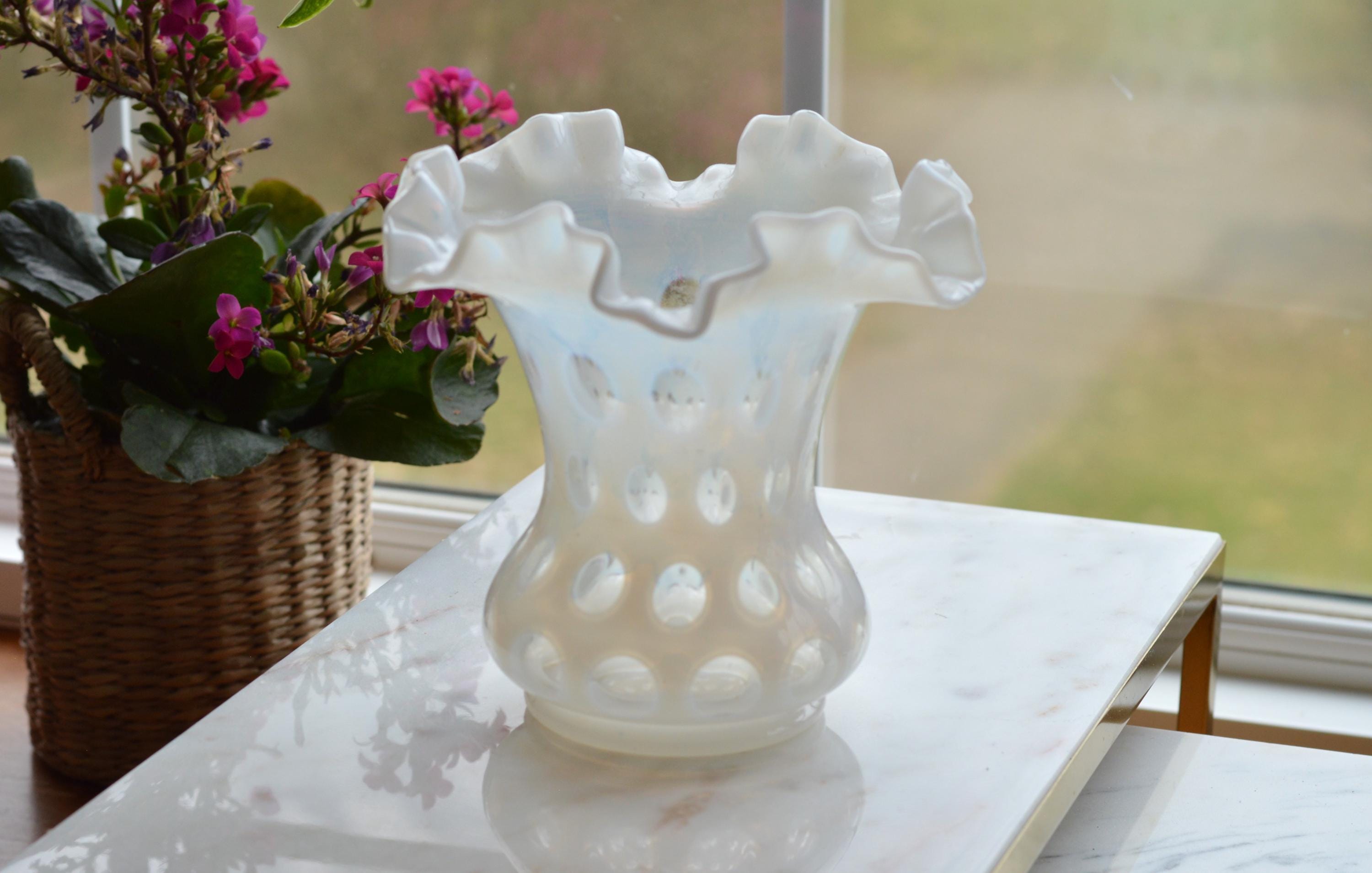 Vintage Fenton French Opalescent Coin Dot Vase - White Ruffled Rim Art ...