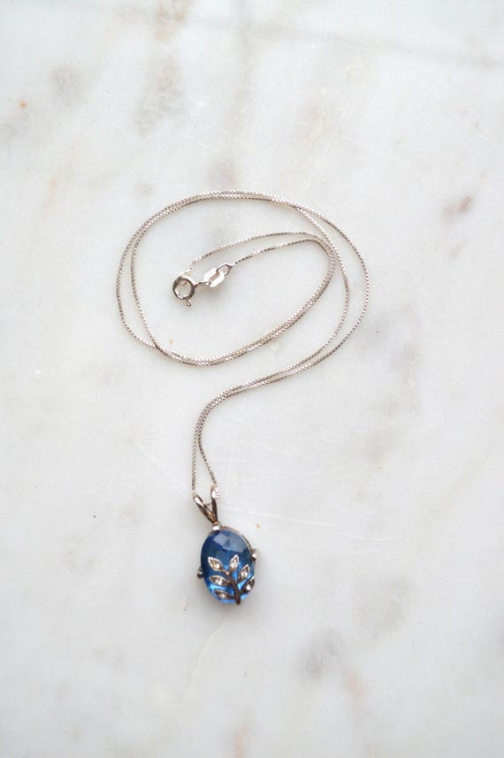 Vintage Signed Avon 925 Sterling Silver NV Blue Necklace | 18" Box Chain 1" Oval Rhinestone Fern Leaf Overlay | Retro Costume Jewelry