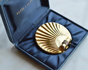 Vintage Estée Lauder Golden Shell Compact—Moisture-Balanced Translucent Face Powder (Ecru-01), 1980s/90s Collectible Vanity Piece