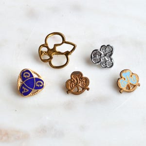 May include: Five metal pins including a gold-tone open clover outline, a silver-tone textured clover, a triangular blue enamel pin with the letters G, A, and a central knot, a bronze-tone clover pin, and a gold-tone pin with light blue enamel.