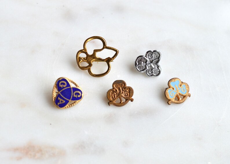 May include: Five metal pins including a gold-tone open clover outline, a silver-tone textured clover, a triangular blue enamel pin with the letters G, A, and a central knot, a bronze-tone clover pin, and a gold-tone pin with light blue enamel.