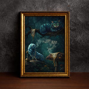 May include: Framed art print featuring characters from Alice in Wonderland. The image includes the Cheshire Cat, a caterpillar, and a mushroom. The text "WHO ARE YOU?" is also visible. The frame is gold-colored.