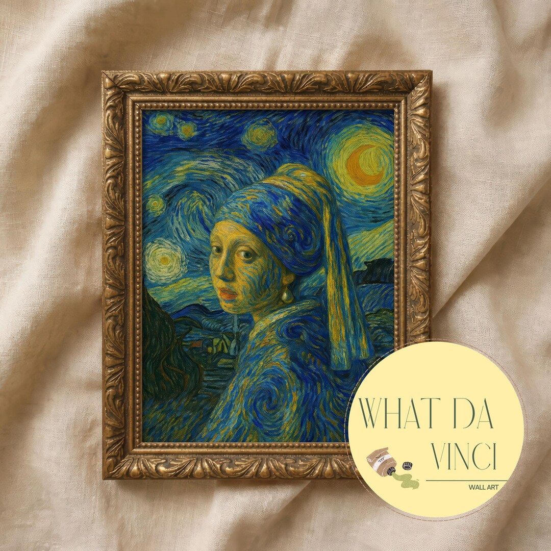 Starry Night Girl With Pearl Earring – Classic Art Mashup, Blue Gold ...