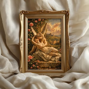 Puede incluir: Pintura enmarcada en oro que representa una escena romántica con dos figuras abrazándose, ambientada en un jardín con un castillo al fondo. La obra de arte utiliza colores suaves y el marco tiene detalles decorativos.