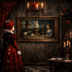 Peut inclure: Une femme en robe rouge ornée de cœurs et coiffée d'une couronne contemple un tableau encadré représentant des personnages d'Alice au pays des merveilles. La pièce présente une esthétique sombre et gothique avec des bougies et un lustre en forme de cœur.
