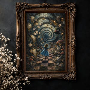 May include: A framed artwork depicting a scene from Alice in Wonderland. The painting features a girl in a blue dress walking on a checkered path towards a swirling tunnel. The frame is ornate with a dark brown finish.