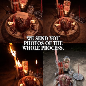 May include: A collage of four images featuring a ritualistic setup. A heart-shaped object sits on a plate, surrounded by candles, spices, and other items. The text "WE SEND YOU PHOTOS OF THE WHOLE PROCESS" is displayed.