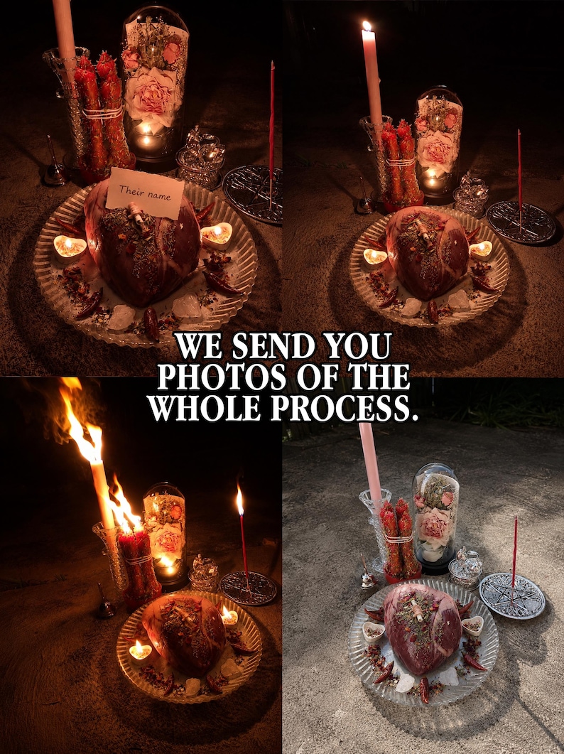 May include: A collage of four images featuring a ritualistic setup. A heart-shaped object sits on a plate, surrounded by candles, spices, and other items. The text "WE SEND YOU PHOTOS OF THE WHOLE PROCESS" is displayed.