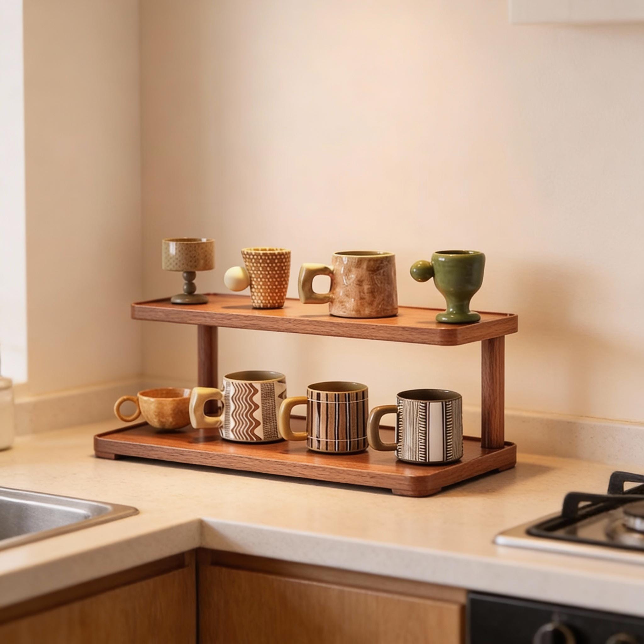 Native Mug Display Rack 2 Tier Wooden Mug Display Rack, Coffee Bar Counter Organizer - Etsy