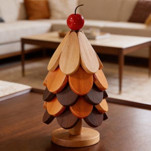 Puede incluir: Un árbol decorativo de madera con una cereza en la parte superior. El árbol está hecho de pétalos de madera en capas en tonos marrón claro, naranja y marrón oscuro. Se apoya sobre una base redonda de madera, creando un artículo de decoración único.