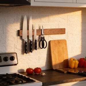 May include: A kitchen setting with a wooden knife rack holding various knives and scissors. A wooden chopping board and fresh produce, including tomatoes and bell peppers, are also visible. The knives have black handles.