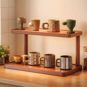 May include: A two-tiered wooden shelf displays a collection of ceramic mugs and decorative cups. The mugs feature various designs and colours, including brown, green, and patterned textures. The shelf is set on a wooden countertop, creating a warm and inviting display.