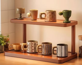 Expositor de tazas de madera de 2 niveles, organizador de mostrador de cafetería