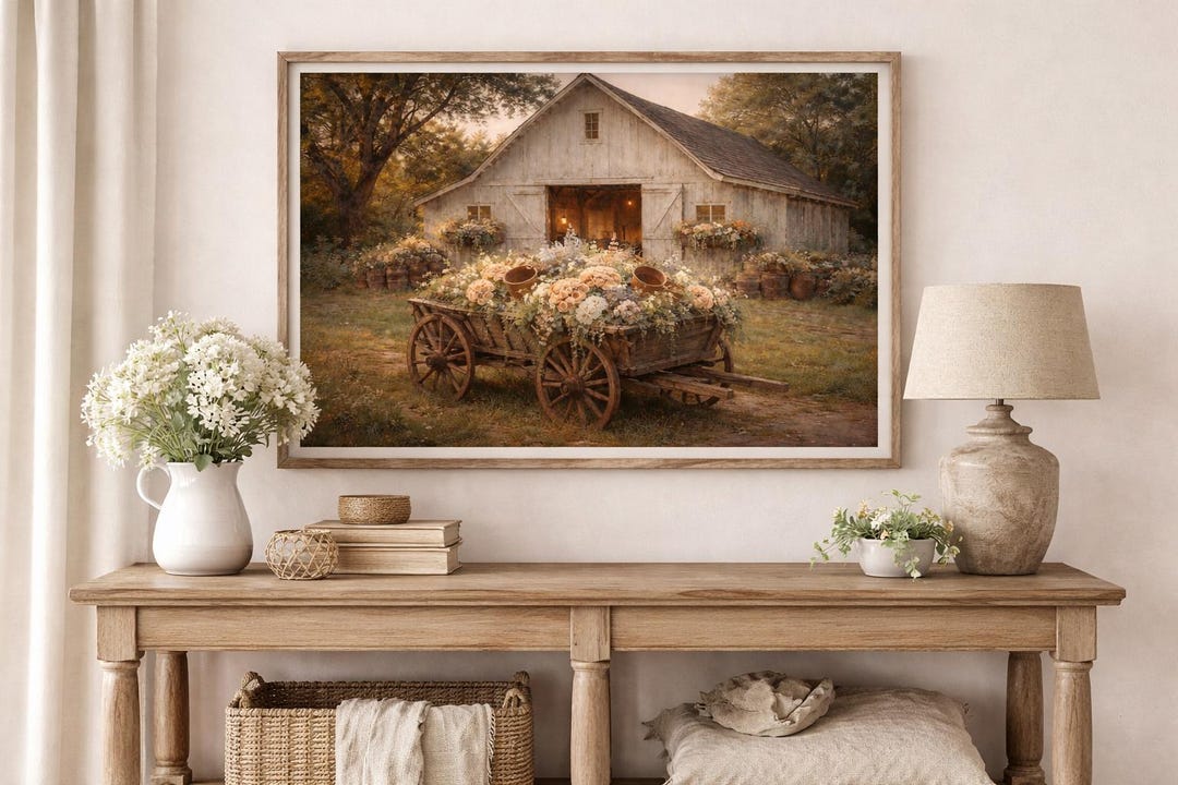Dusty Peach Barn Flower Wagon Art Print, Rustic Farmhouse Landscape ...
