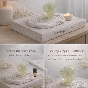 May include: A light green crystal diffuser on a white ceramic base, atop a book with the text "Finding Calm." The image also includes a lit candle and the text "A Small Moment of Peace."