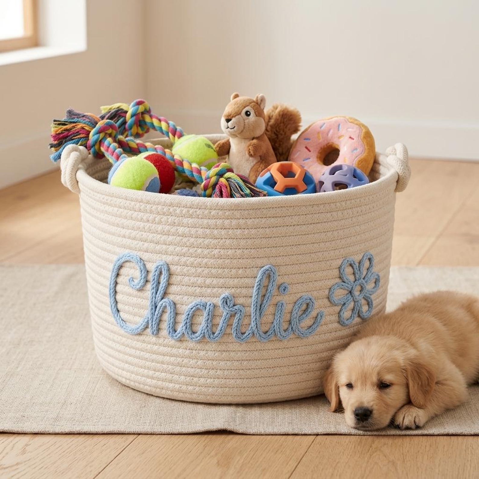 Personalized Pet Toy Basket, Custom Name Basket, Dog Toy Storage, Rope Cotton Basket Gift, Pet Toy Basket, Pet Name Gift, Custom Toy Storage - White, Only Name