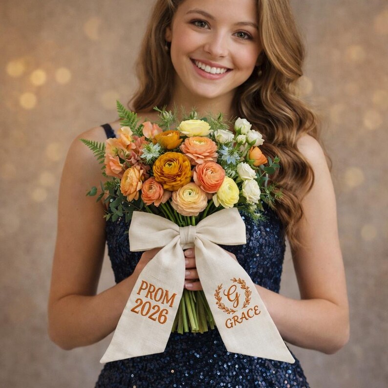 Prom Ribbon Personalized Prom 2026 Bouquet Sash, Custom Embroidered Bouquet Bow ...