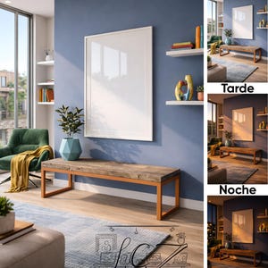 Puede incluir: Un salón moderno con un gran cuadro blanco vacío enmarcado en una pared azul. Debajo hay un banco de madera con patas de metal naranja. Un sillón verde, una alfombra azul y estanterías decorativas completan la escena.