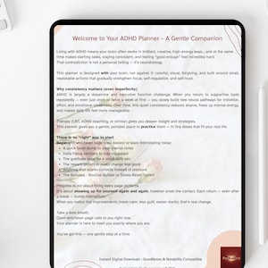 Op de afbeelding: Digitale ADHD-planner met de tekst "Welcome to Your ADHD Planner - A Gentle Companion". De planner bevat secties voor dagelijkse focus, dankbaarheid en een beloningssysteem. Het is ontworpen om te helpen met focus, zelfregulatie en zelfvertrouwen.